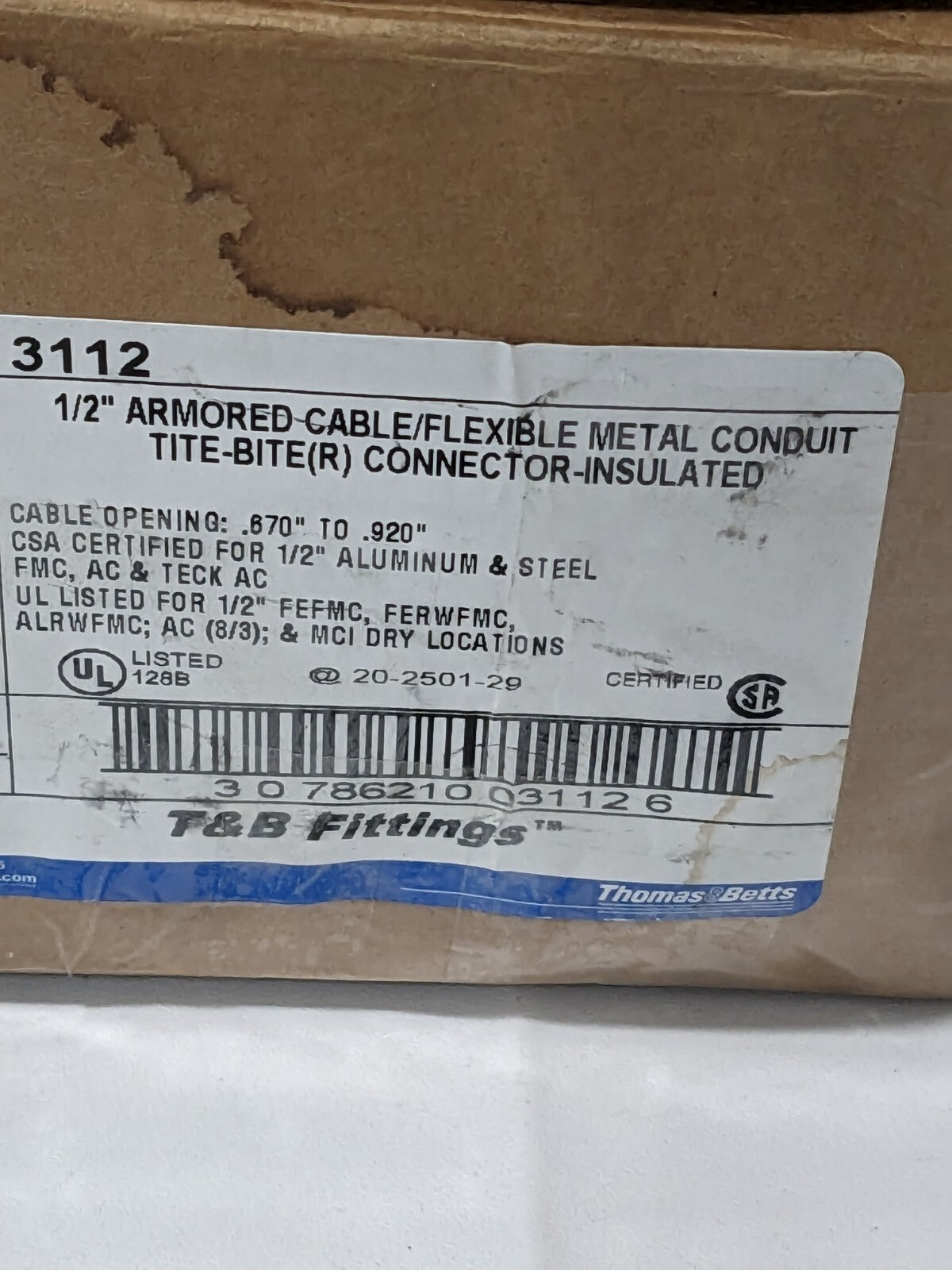 T&B Conduit Connector: For FMC, Steel, 1/2" Trade Size Qty 25 3112