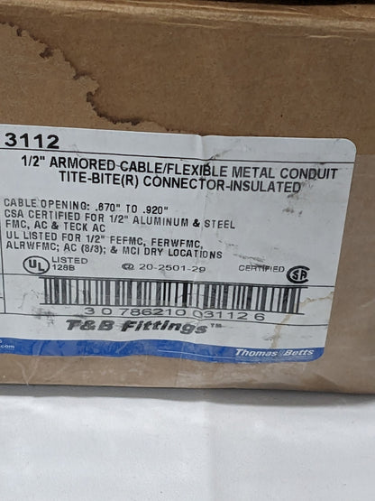 T&B Conduit Connector: For FMC, Steel, 1/2" Trade Size Qty 25 3112