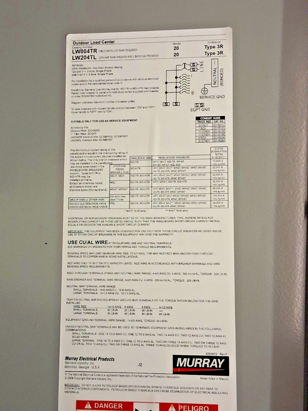Murray 200 AMP Trailer Panel LW004TR