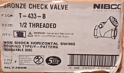 NIBCO 1/2 Bronze Y-Pattern Horizontal Swing Check Valve 150# T-433-B