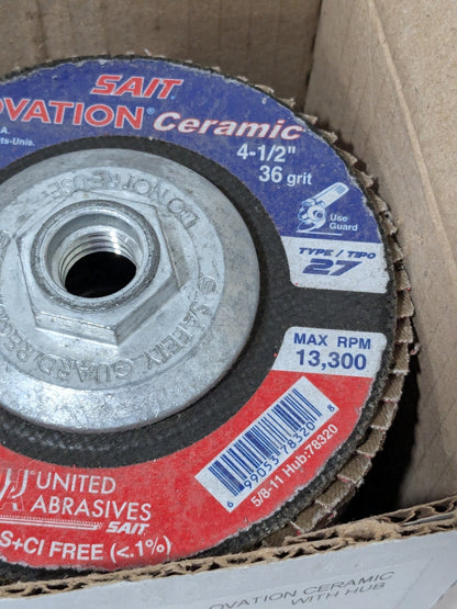 United Flap Disc: 4-1/2" Dia, 36 Grit, Ceramic Alumina, Type 27 Qty 10 78320