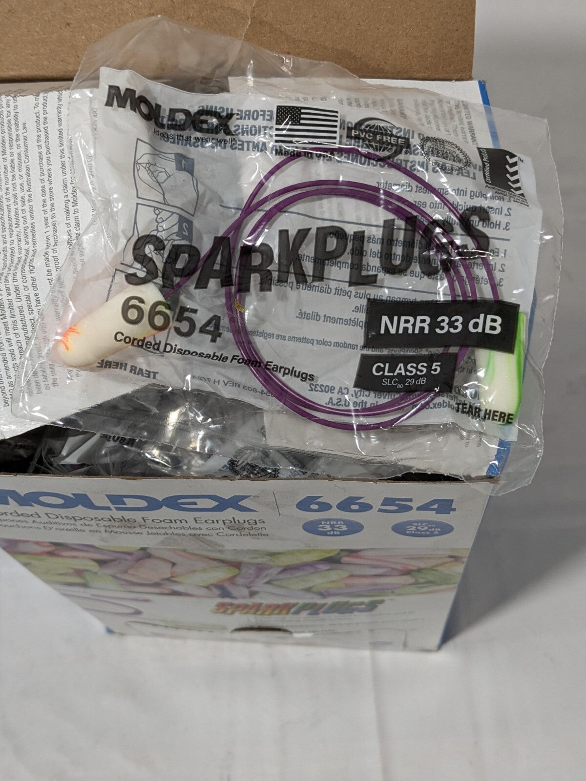 MOLDEX Earplugs: 33 dB, Non-PVC Foam, Bullet, Roll Down, Corded Qty 100 6654