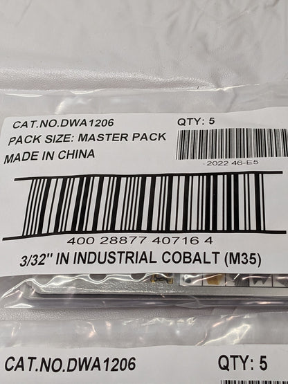 DEWALT Jobber Length Drill Bit: 3/32 Dia, 135 °, Cobalt Qty 10 DWA1206