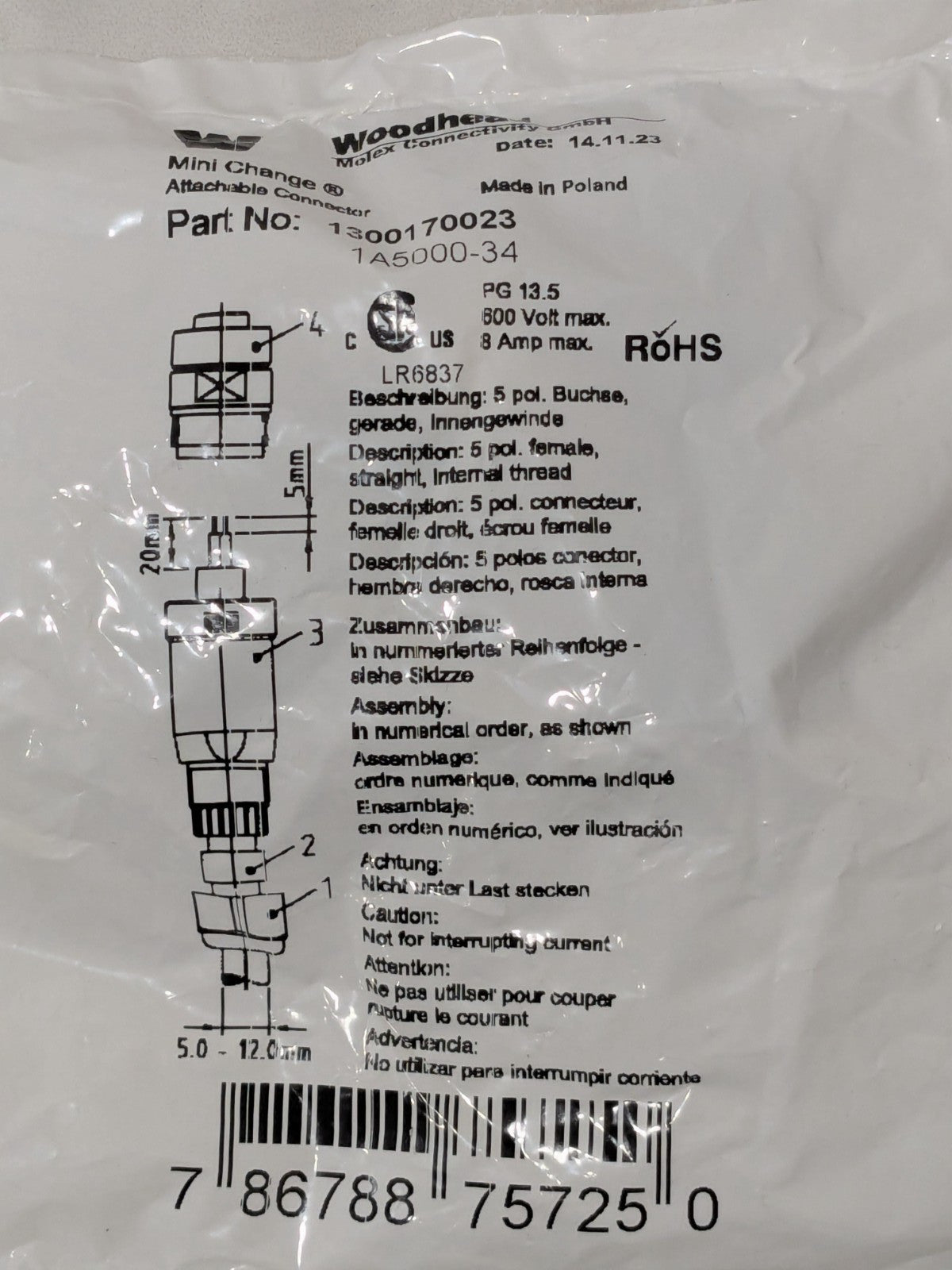 Woodhead Mini Change Standard Circular Connectors; 5 Contacts Qty 2 1300170023