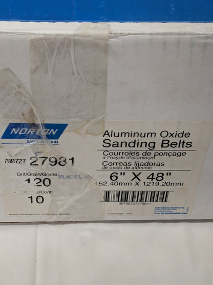 (10) Norton Abrasive Belt: 6" Wide, 48" OAL, 120G, Aluminum Oxide 78072727981