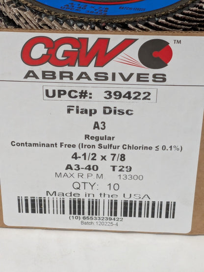 CGW Flap Disc: 4-1/2" Dia, 7/8" Hole, Aluminum Oxide, Type 29 Box of 10 39422