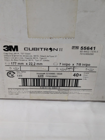 3M Flap Disc: 7" Dia, 7/8" Hole, 40 Grit, Type 27 Box of 5 7010300290
