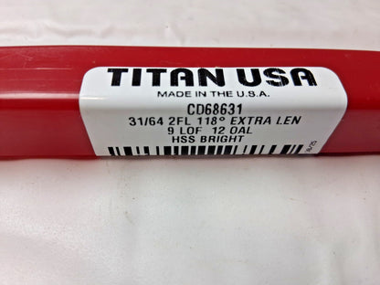 Titan USA Extra Length Drill Bits HSS 31/64" Dia 118 ° Point CD68631