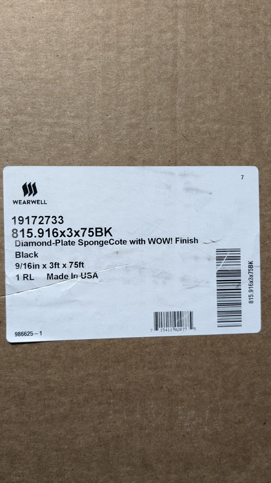 WEARWELL Anti-Fatigue Mat 75 x 3' Vinyl Beveled Edges Raised Diamond Surfa