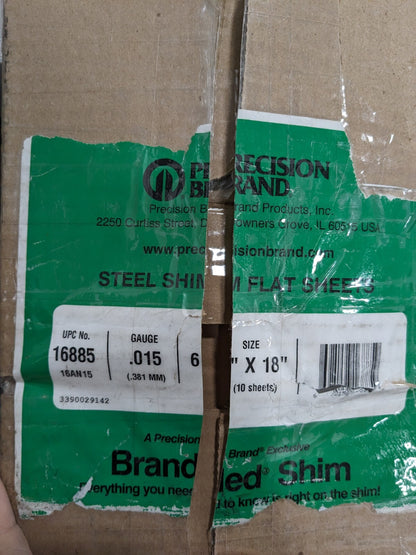 PRECISION BRAND Shim Stock: 0.015'' Thick, 18'' L, 6" W, 1008/1010 Qty 10 16885