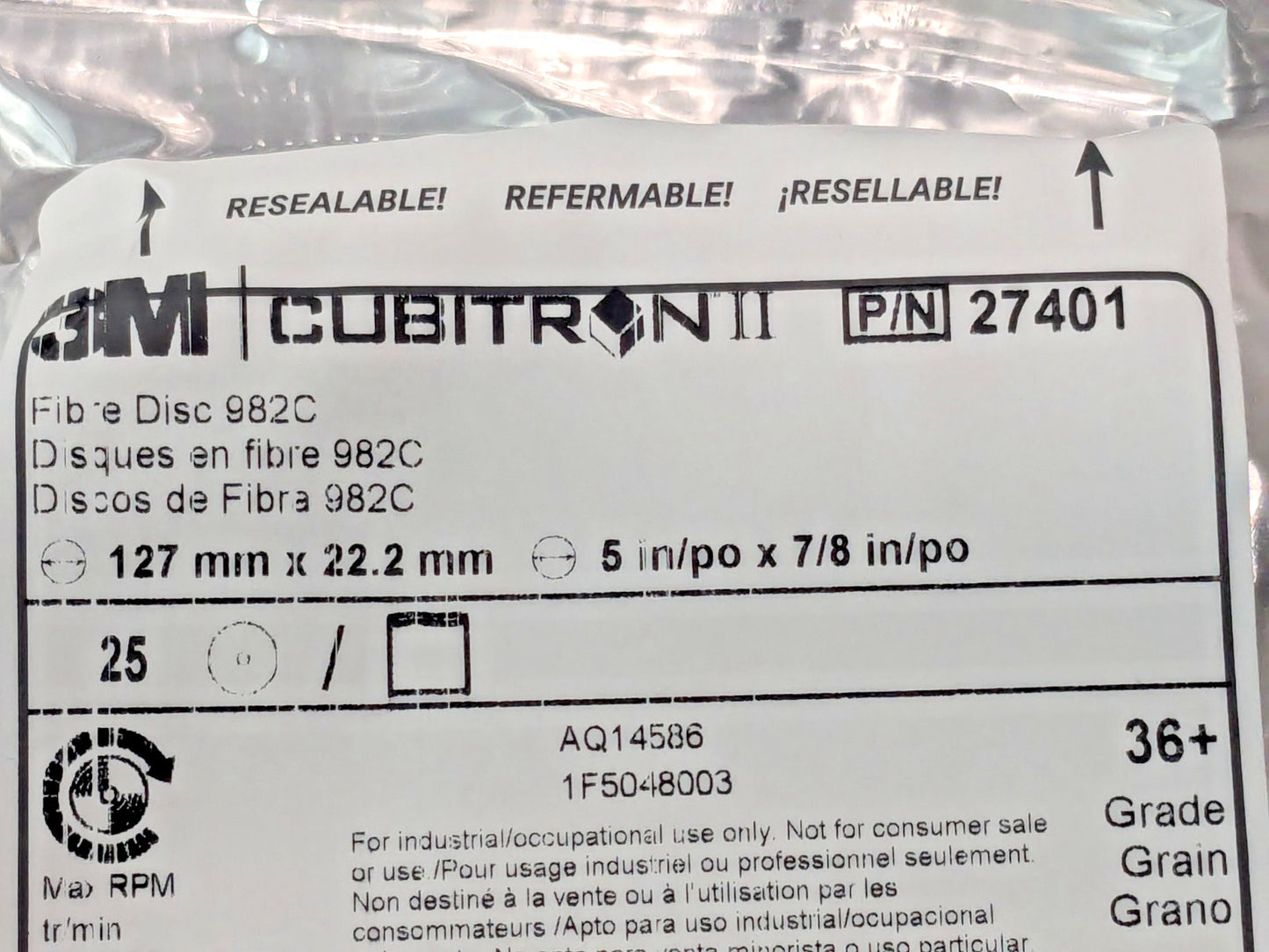 25 PK 3M CUBITRON II Fiber Discs 982C 5" x 7/8" 36 Grit 27401 7000000392