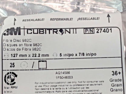 25 PK 3M CUBITRON II Fiber Discs 982C 5" x 7/8" 36 Grit 27401 7000000392