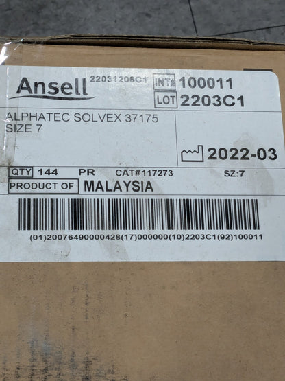 Ansell Chemical Resistant Gloves: 37-175, Sz S, 17 mil Box of 144 Pairs 117273