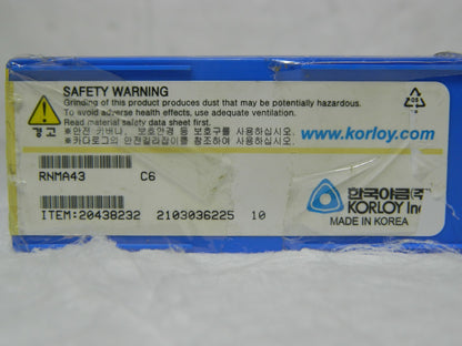Korloy Carbide Inserts RNMA-43 Grade C6 Qty 10 20438232