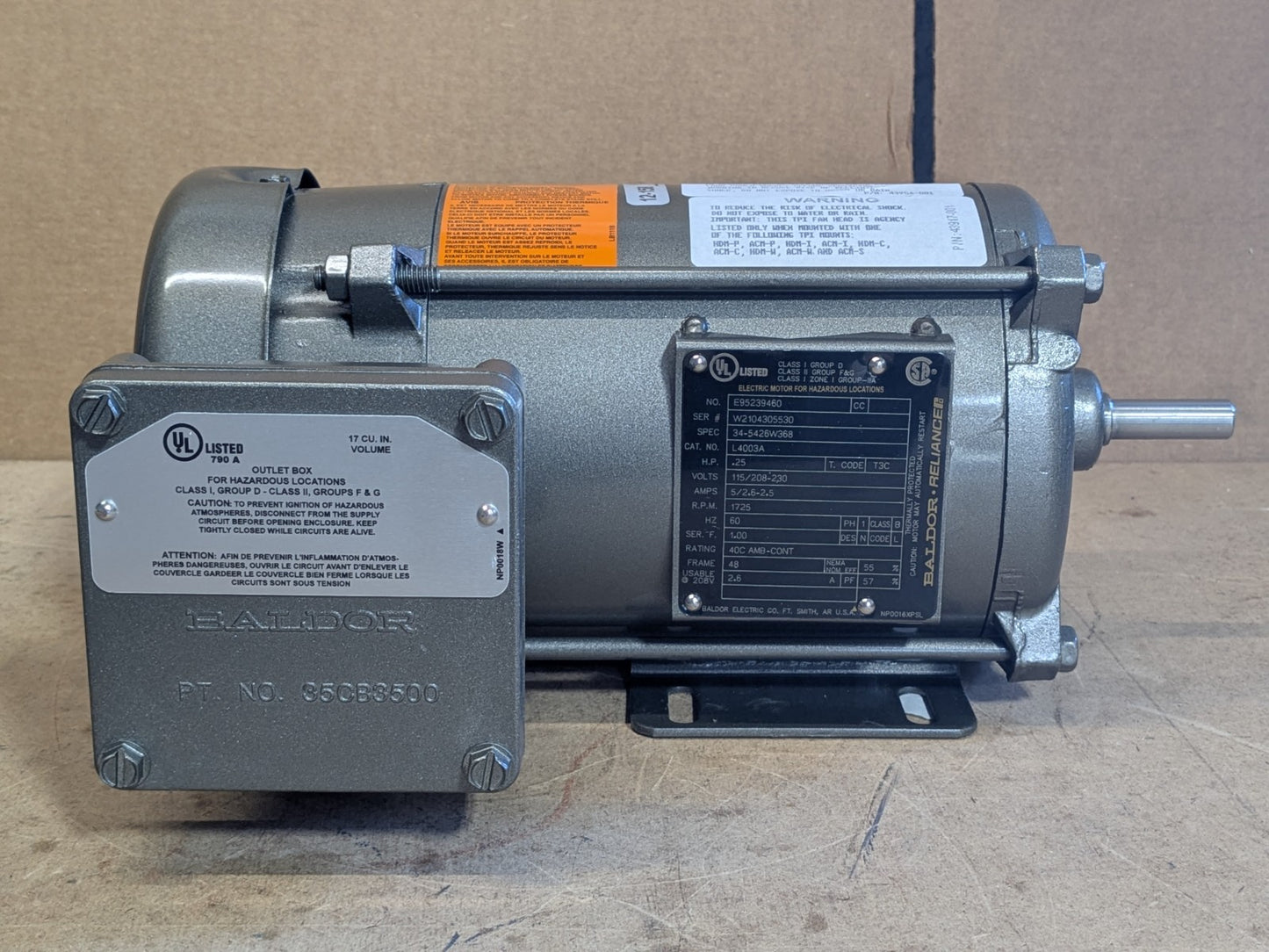 Baldor L4003A Electric Motor for Hazardous Locations 1/4 HP 115/230v 1-Phase