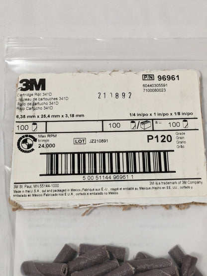 3M Straight Cartridge Roll: 1/4" Dia, 120 Grit, AO Pack of 100 7100080023
