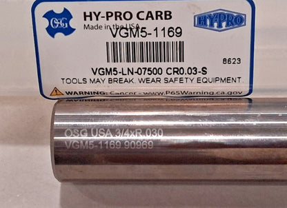 OSG Corner Radius End Mill 3/4" Dia 15/16" LOC 5 FL Carbide VGM5-1169