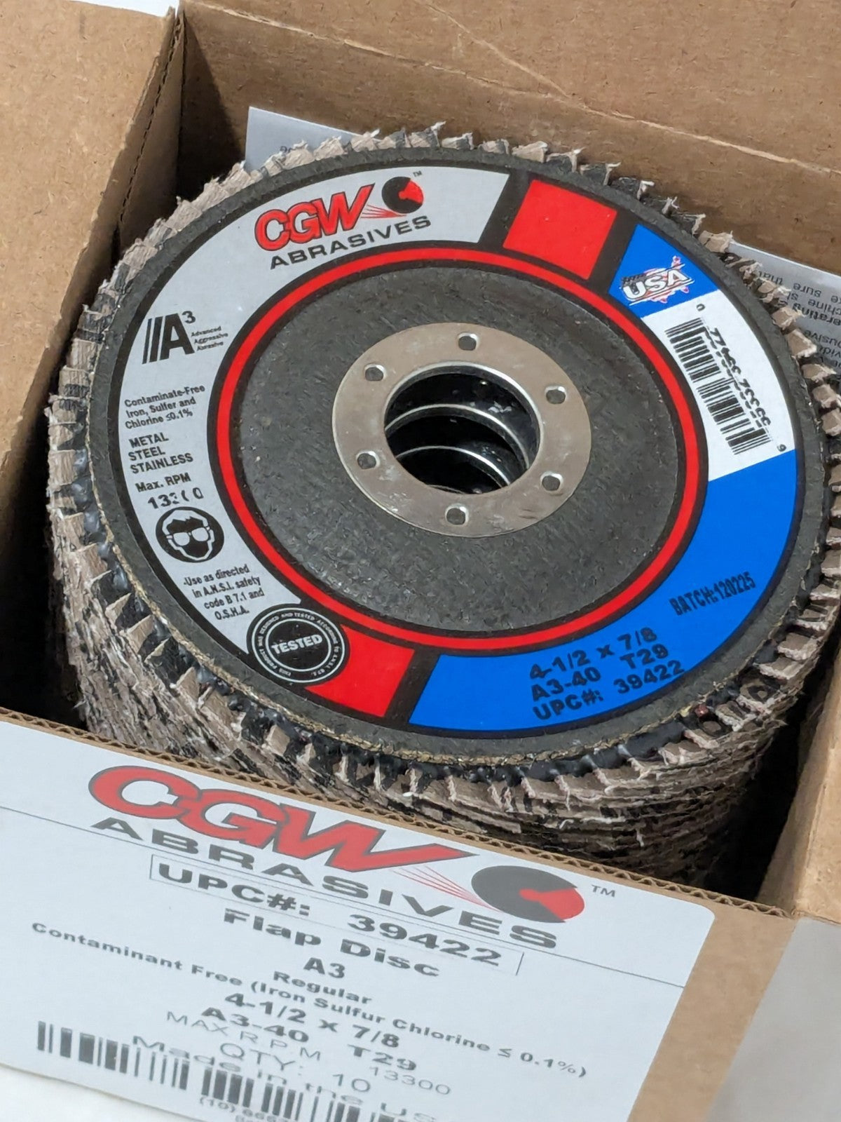 CGW Flap Disc: 4-1/2" Dia, 7/8" Hole, Aluminum Oxide, Type 29 Box of 10 39422