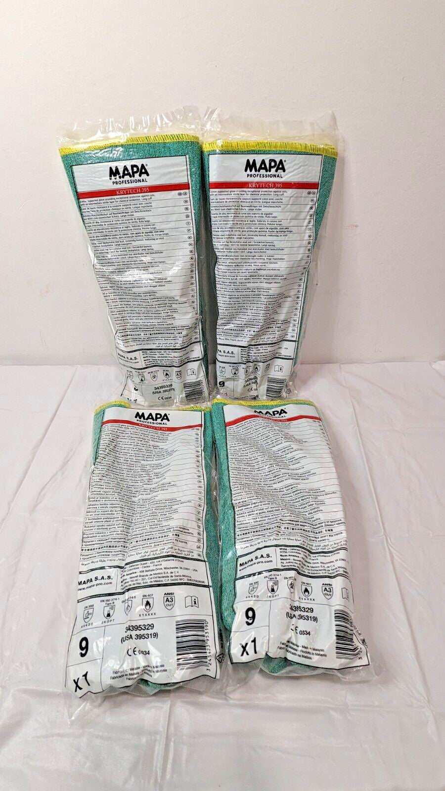 4 PAIRS MAPA KryTech 395 Cut & Chemical Resistant Gloves Green Size 9 395319