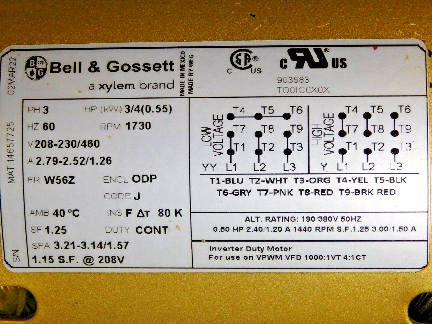 Xylem-Bell & Gossett Small Flex Coupled In-Line Centrifugal Pump Be611T 1EF056LF