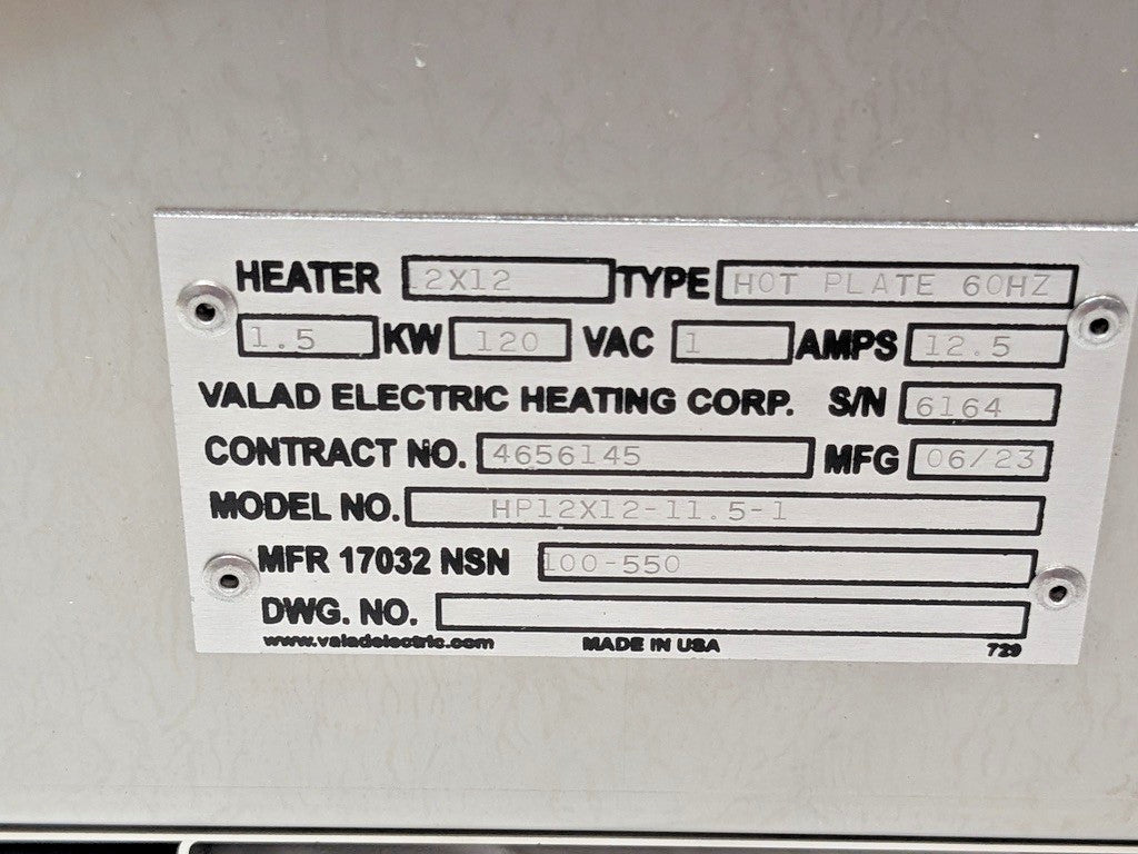 Valad Electric Heating Ind Hot Plate 12"L x 12"W x 6"H 110/120V HP12X12-11.5-1