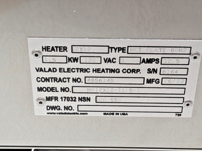 Valad Electric Heating Ind Hot Plate 12"L x 12"W x 6"H 110/120V HP12X12-11.5-1