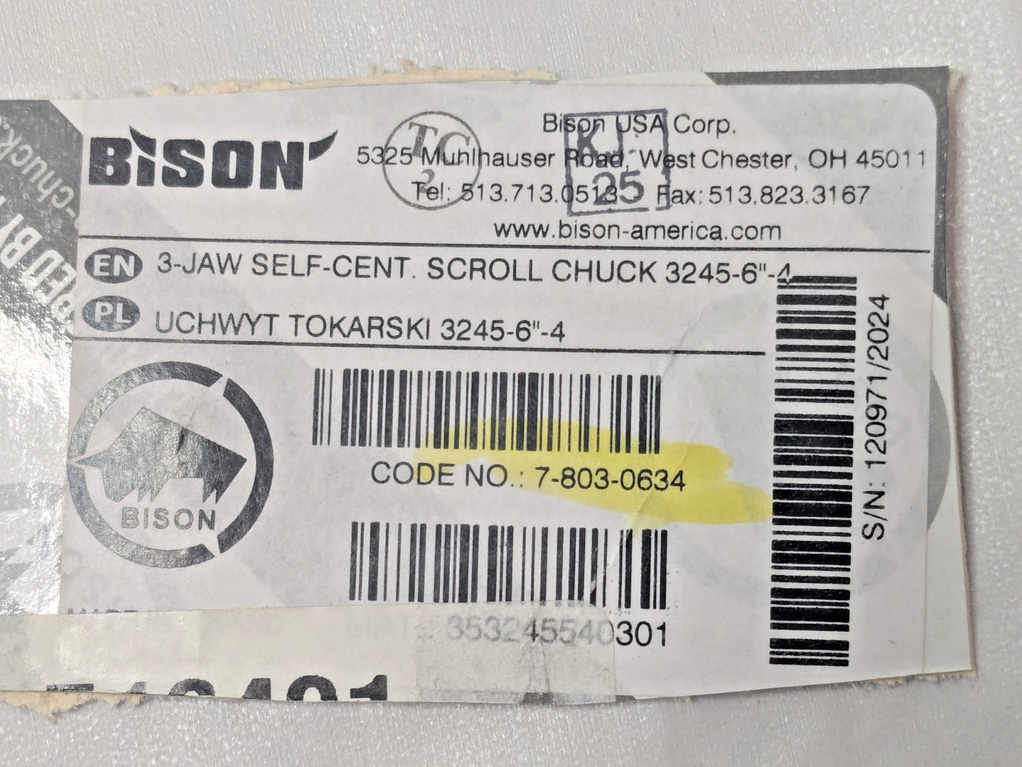 Bison 3 Jaws 6" Diam Self Centering Manual Lathe Chuck D1-4 Mount 7-803-0634