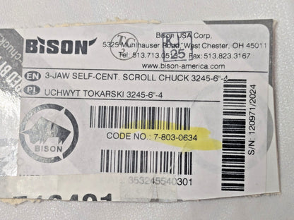 Bison 3 Jaws 6" Diam Self Centering Manual Lathe Chuck D1-4 Mount 7-803-0634