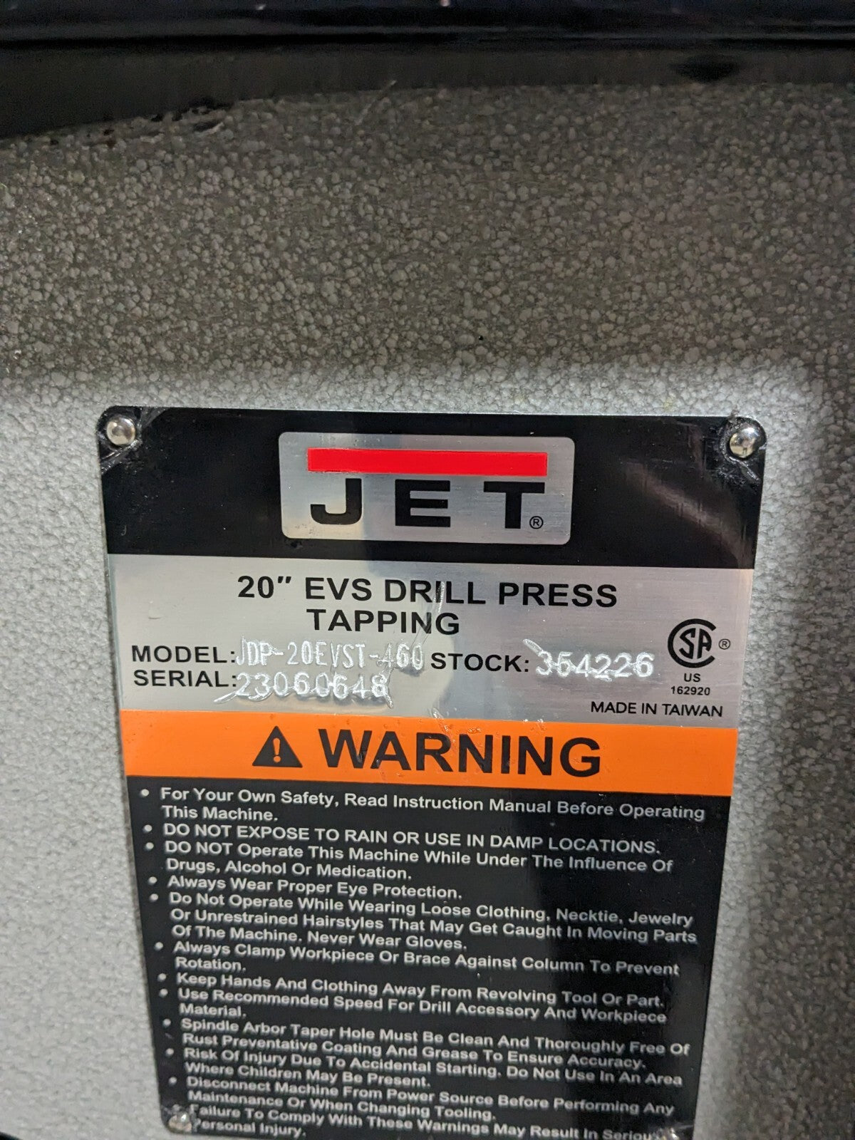 Jet EVS Drill Press w/ Tapping 20" Swing 2HP 460v 3 Ph 354226 Damaged
