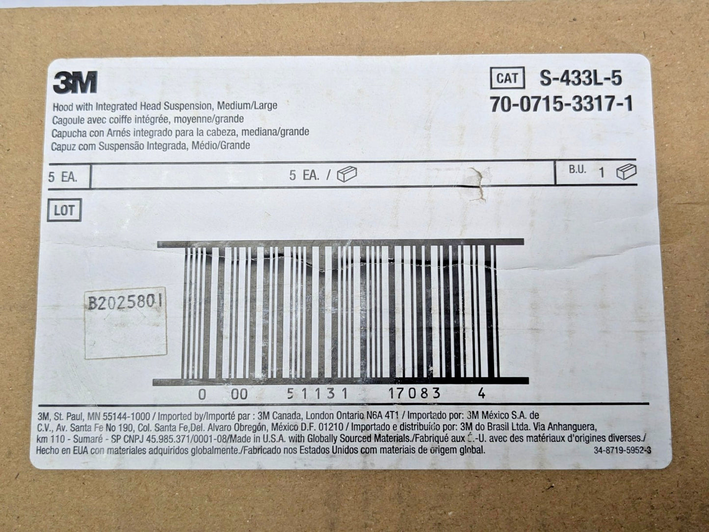 3M Hood w/Integrated Head Suspension Medium/Large S-433L-5 Qty 5 7000029981