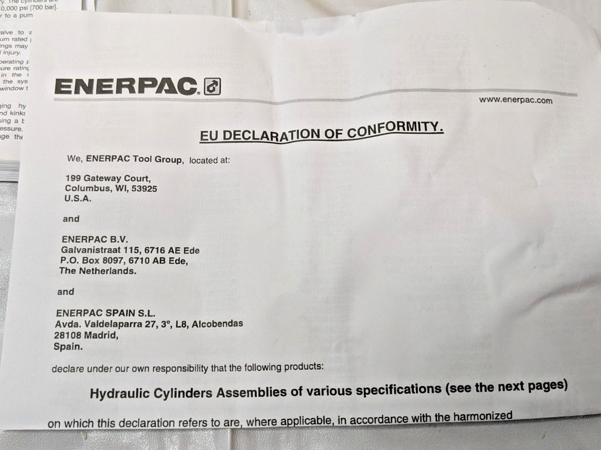 ENERPAC 20 Ton Hollow Plunger Hydraulic Cylinder Single-Acting RCH202