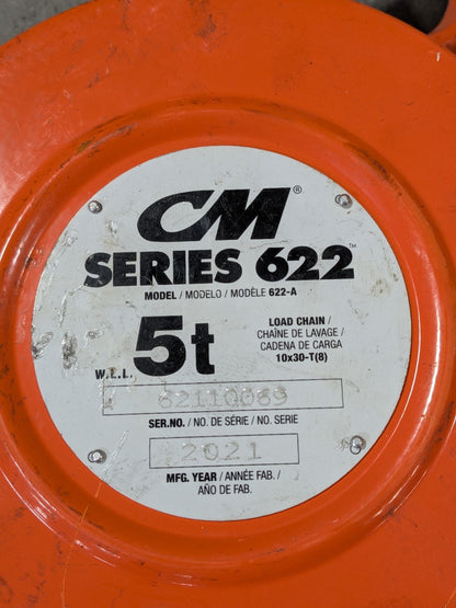 CM Series 622 Double Reeved Hand Chain Hoist 5 Ton Capacity 20 Ft Lift 2234A