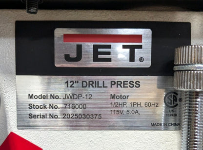 JET JWDP-12  12 inch Drill Press  115V  1/2HP  Variable Speed  520-3100 RPM