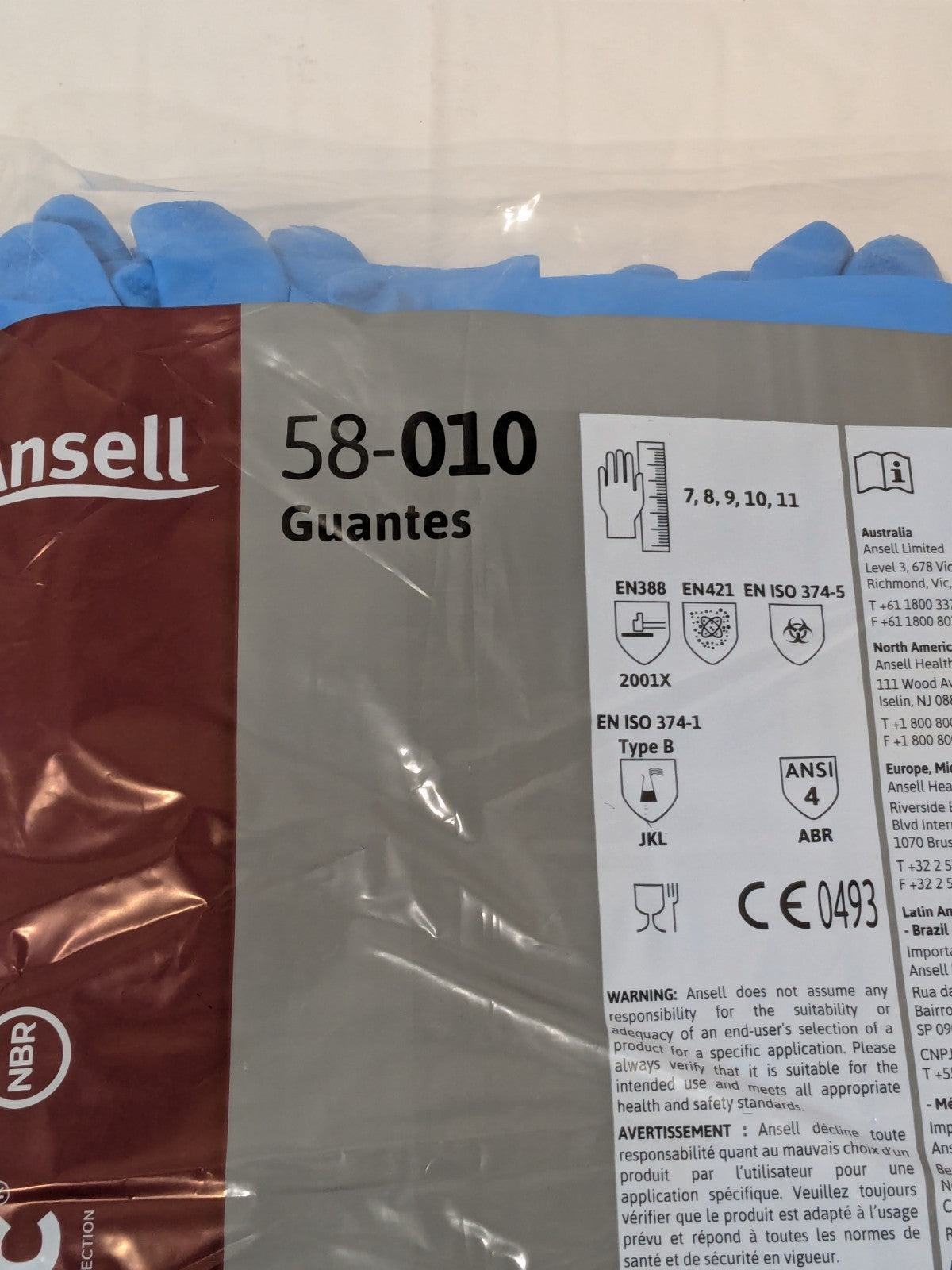 (12)Ansell Chemical Resistant Gloves, Nitrile, Full, Gauntlet, Blue, Sz 8 58-010