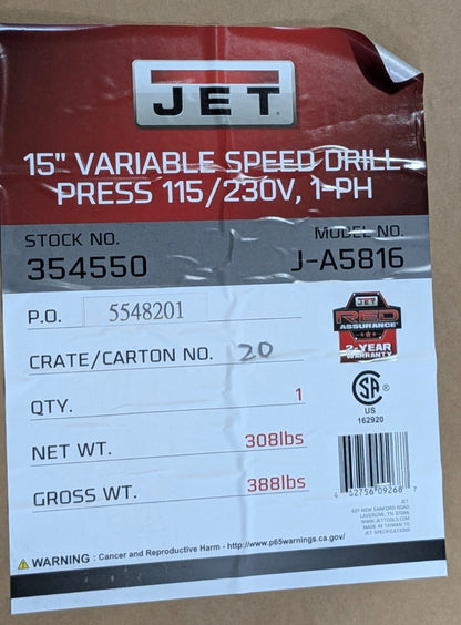 JET Drill Press  J-A5816  15" Swing   1 hp  115 & 230 V  400-5000 RPM