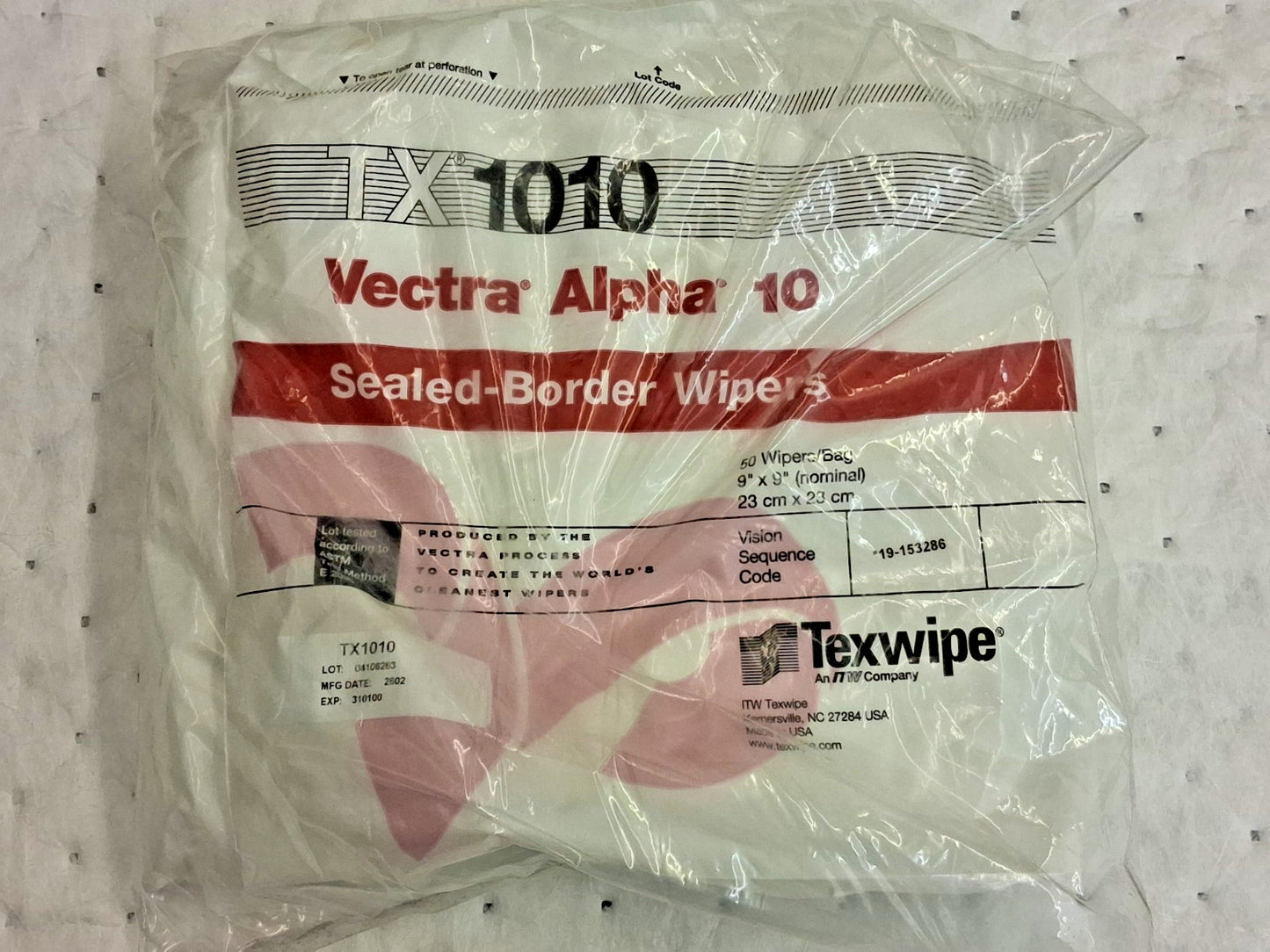 Texwipe Vectra Alpha 10 Dry Cleanroom Wipers QTY100  Non-Sterile 9" x 9" TX1010