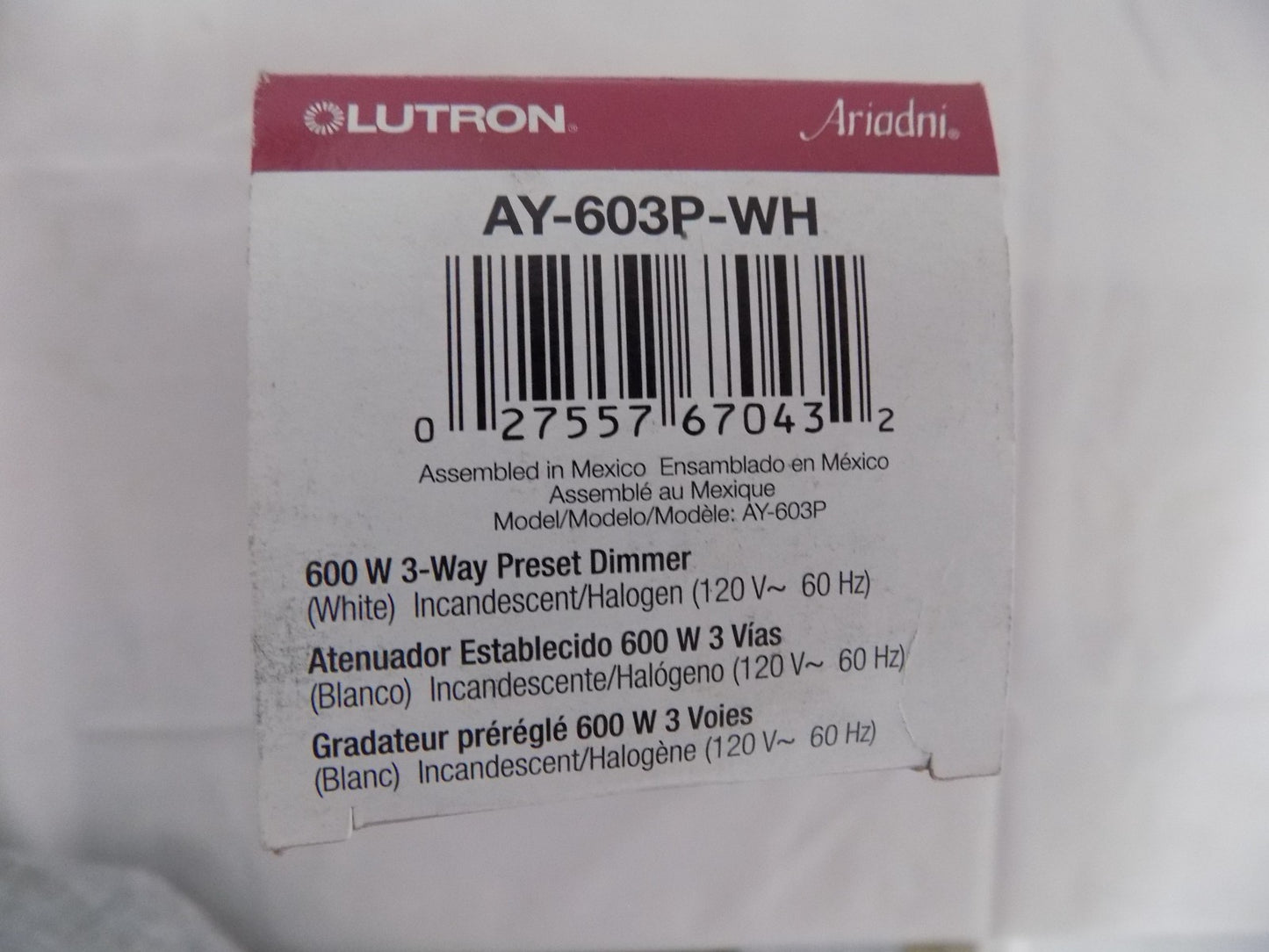 Lutron AY-603P-WH Ariadni 600W Incandescent / Halogen 3-Way Preset Dimmer White