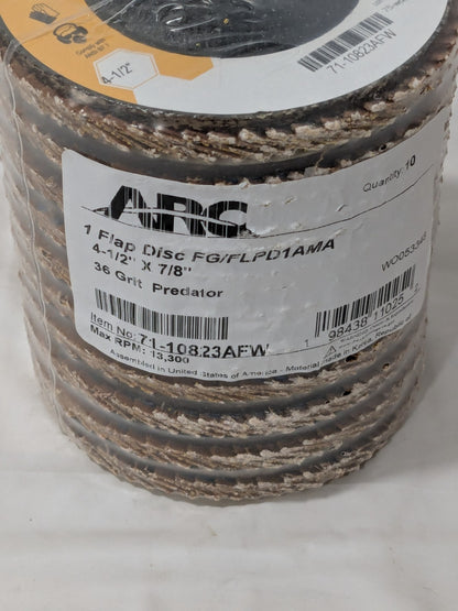 ARC Flap Disc: 4-1/2" Dia, 7/8" Hole, 36G, Type 29 Pack of 10 71-10823
