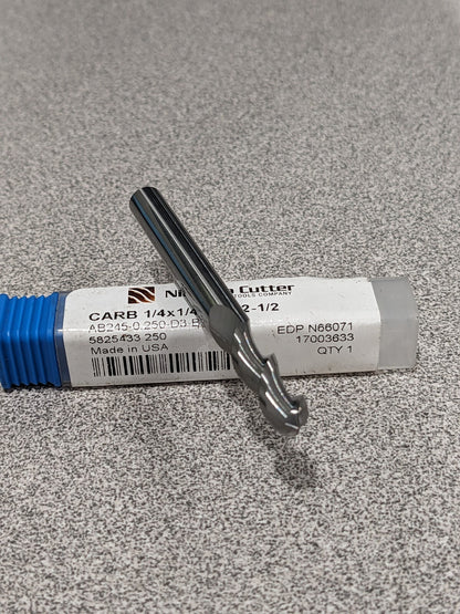 Niagara Ball End Mill: 1/4" Dia, 19/64" LOC, 2 Flute(s), Solid Carbide N66071