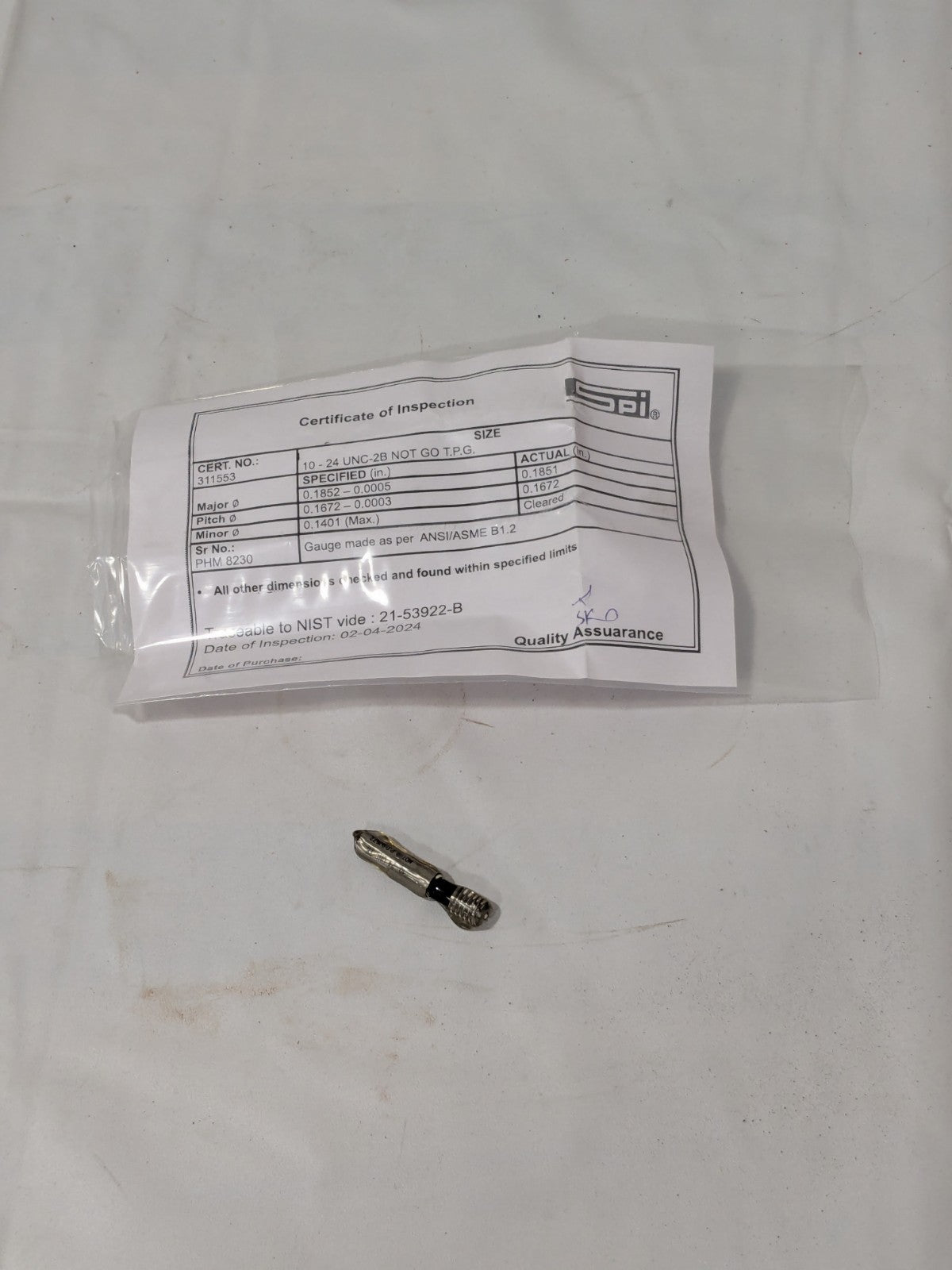 SPI Plug Thread Gage: #10-24 Thread, 2B Class, No Go 34-367-3