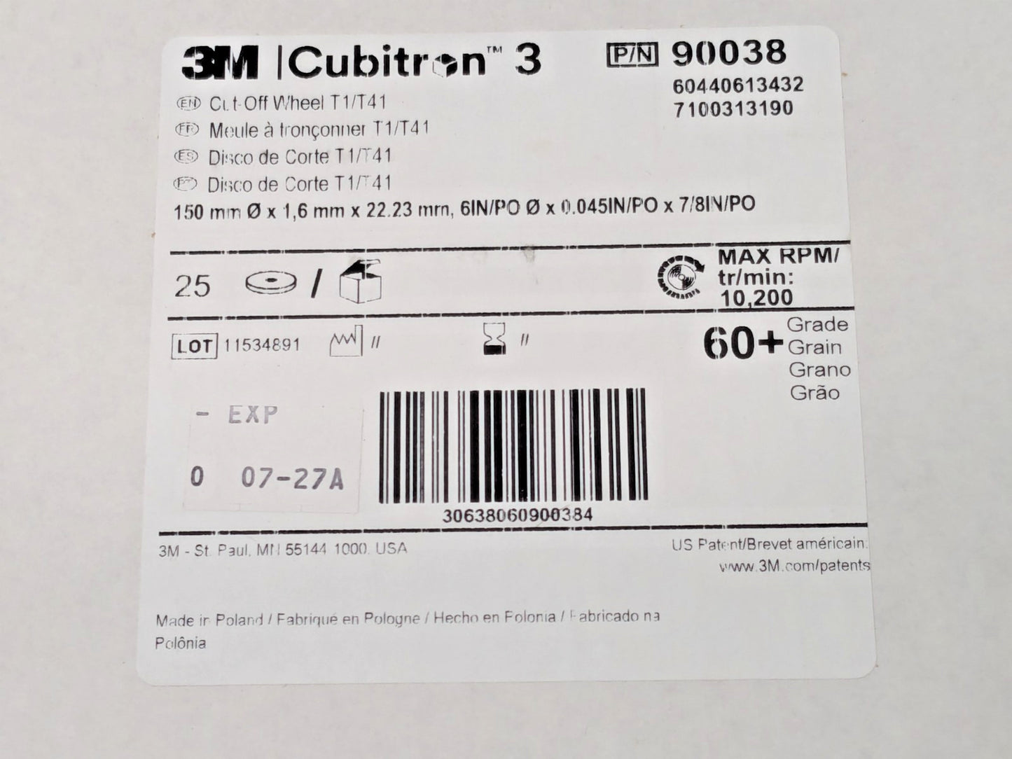 3M Cubitron 3 Cut-Off Wheels 6" X .045" X 7/8" 60+ T1 90038  QTY 25 7100313190