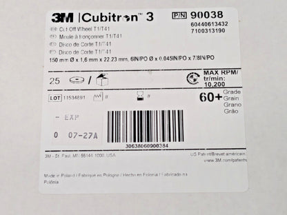 3M Cubitron 3 Cut-Off Wheels 6" X .045" X 7/8" 60+ T1 90038  QTY 25 7100313190