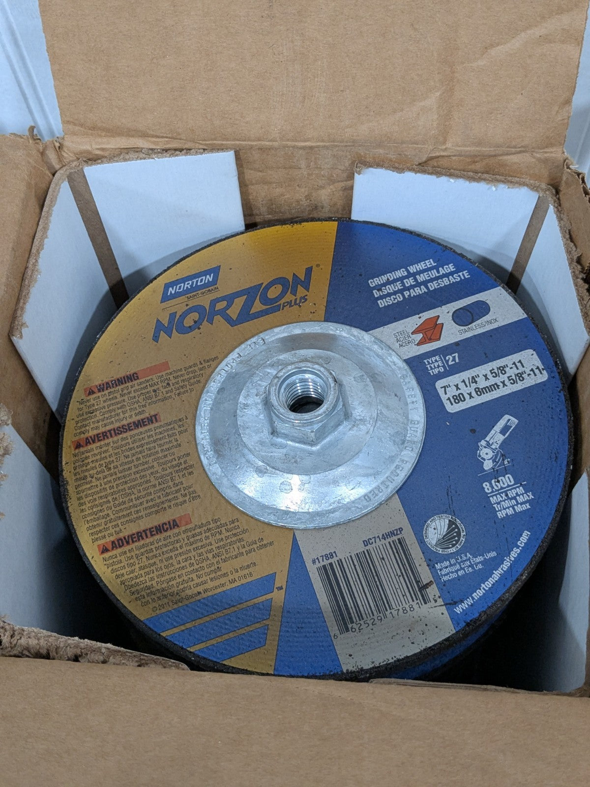 (10) Norton Depressed-Center Wheel: 7" Dia, 1/4" Thick, 5/8-11 Hole 66252917881