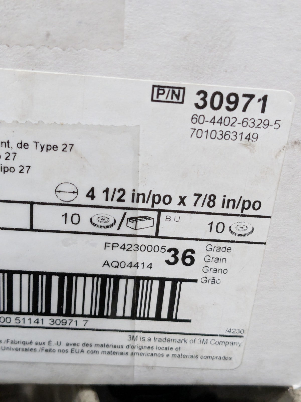 3M Flap Disc: 4-1/2" Dia, 7/8" Hole, 36 Grit, ZA, Type 27 Qty 10 7010363149