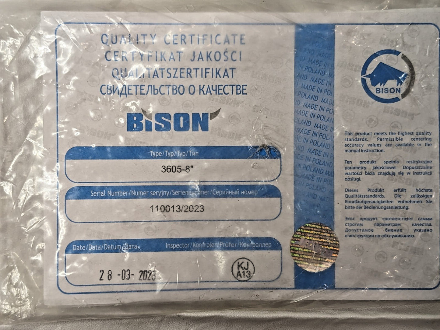 Bison 4 Jaw Self Centering Manual Chuck 8" Diam Plain Back 3605-8" 7-840-0800