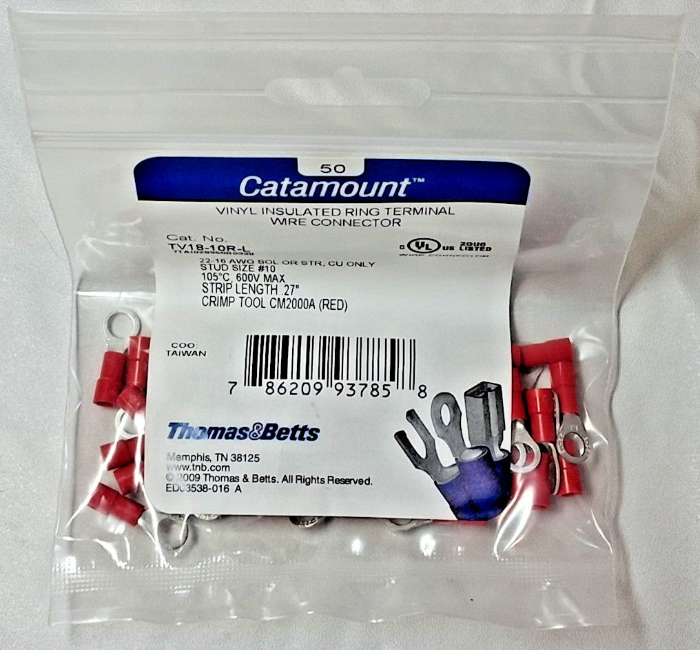 Catamount Circular Ring Terminals PI 22 to 16 AWG QTY500 TV18-10R-L
