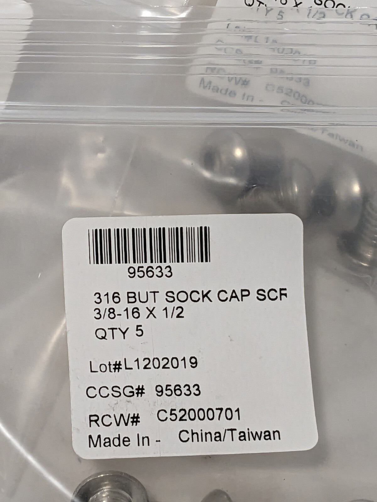 Button Socket Cap Screw: 3/8-16, 1/2" Length Under Head Qty. 100 95633