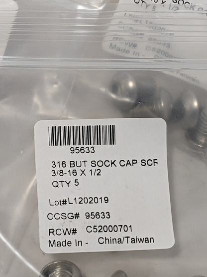 Button Socket Cap Screw: 3/8-16, 1/2" Length Under Head Qty. 100 95633