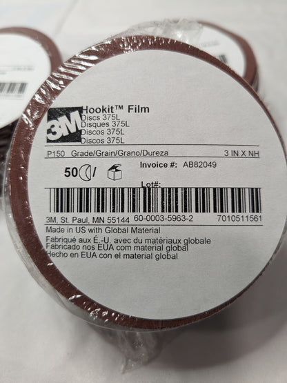 3M Hookit Film Discs 50pk 375L P150 3 in x NH Die 300V MI 7010511561