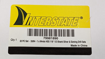 Interstate 32 Piece Drill Bit Set HHS 33/64" to 1" X 64nds X 1/2" SD 79981890